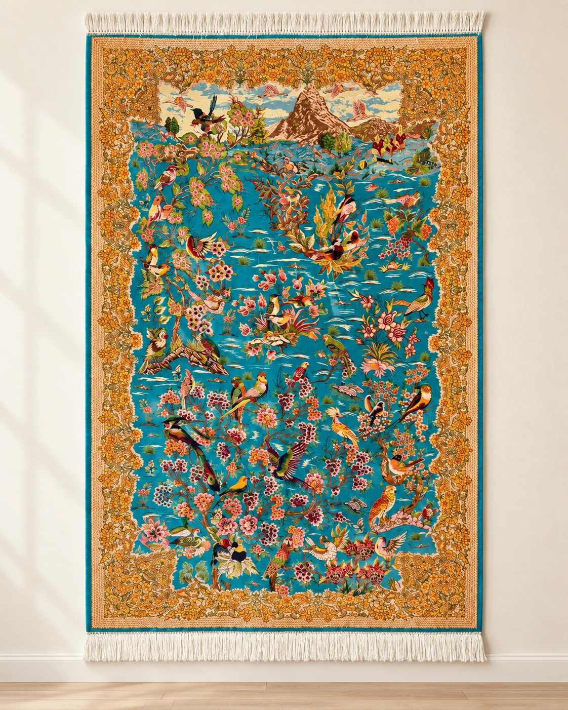 Decorative rug with a turquoise field, birds, flowers, mountain landscape and ornate border