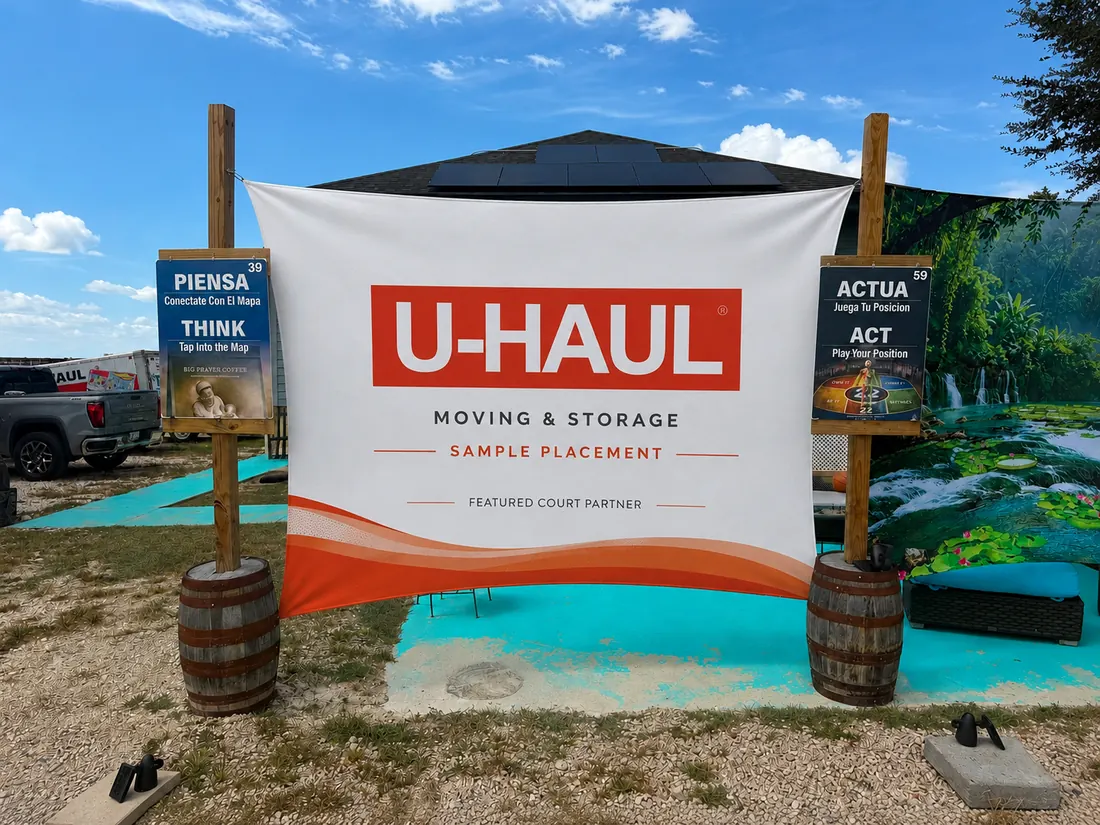 Illustrative U-Haul large-format outdoor banner placement at Big Prayer Campus