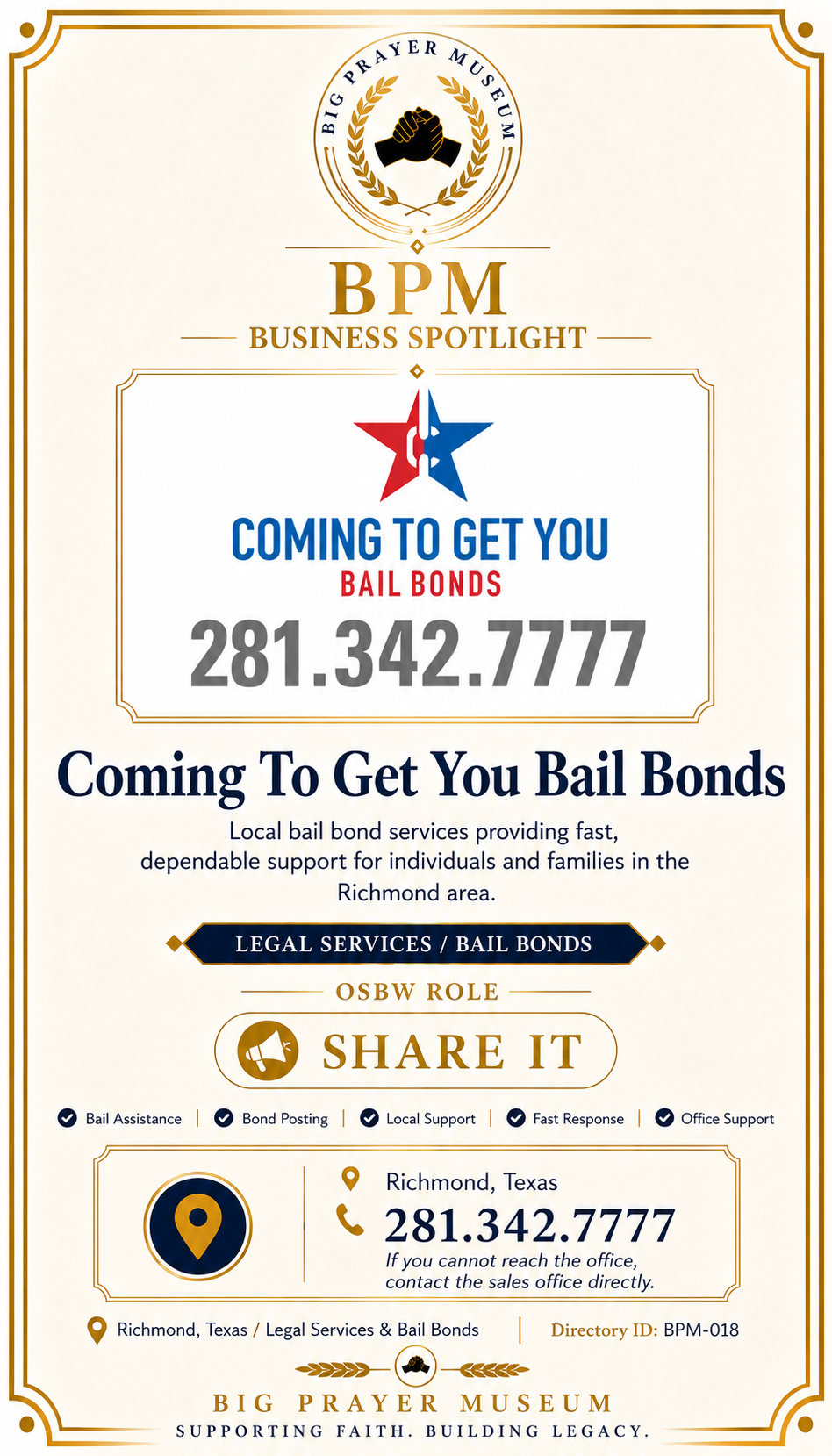Coming To Get You Bail Bonds business card