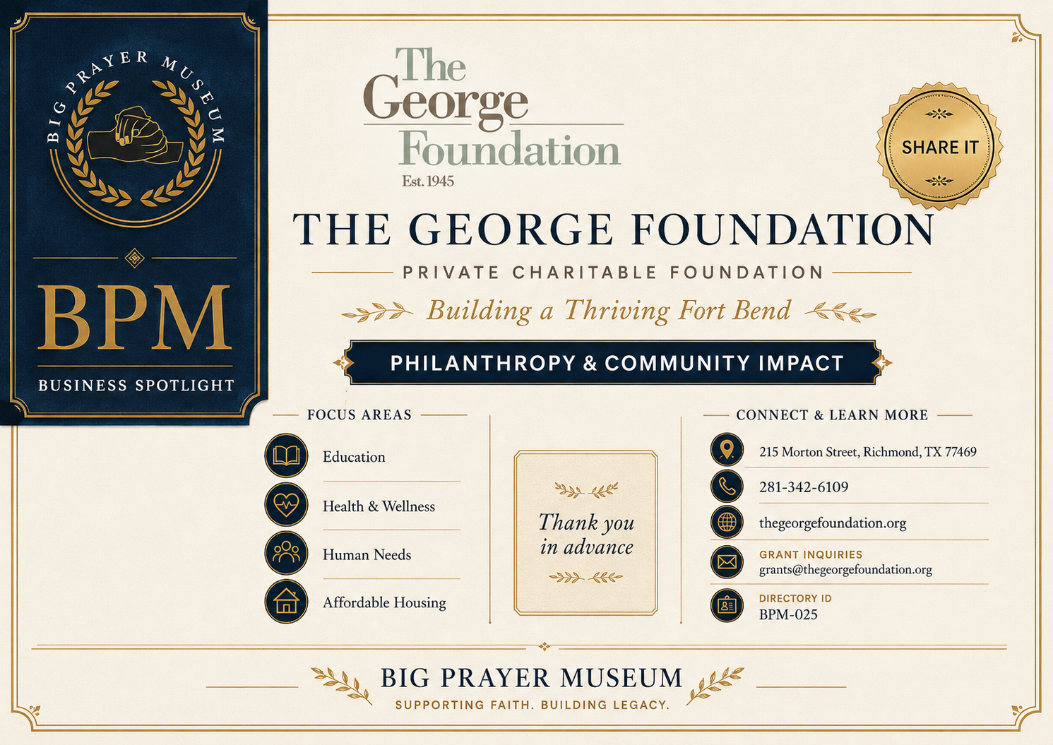 The George Foundation BPM Business Spotlight card