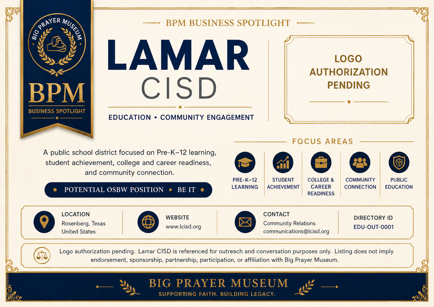 Lamar CISD outreach profile card