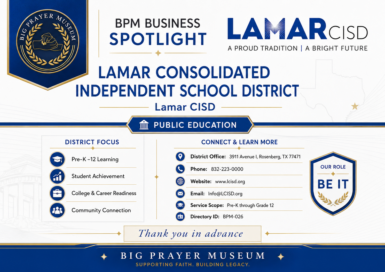Lamar CISD BPM Business Spotlight card