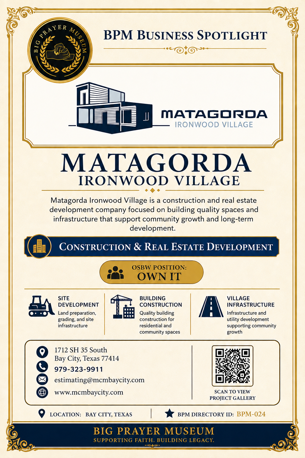 Matagorda Ironwood Village business card
