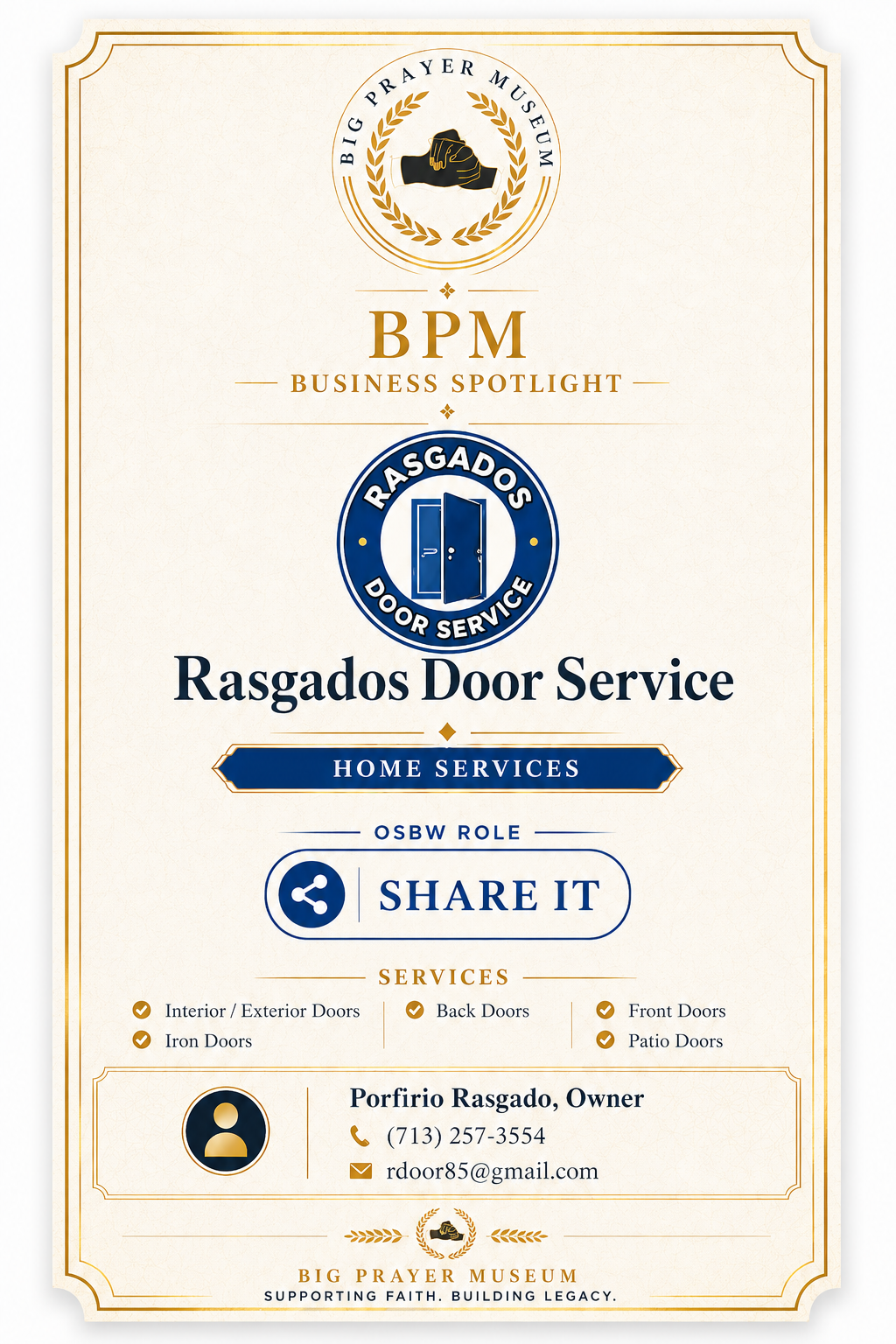 Rasgados Door Service business card