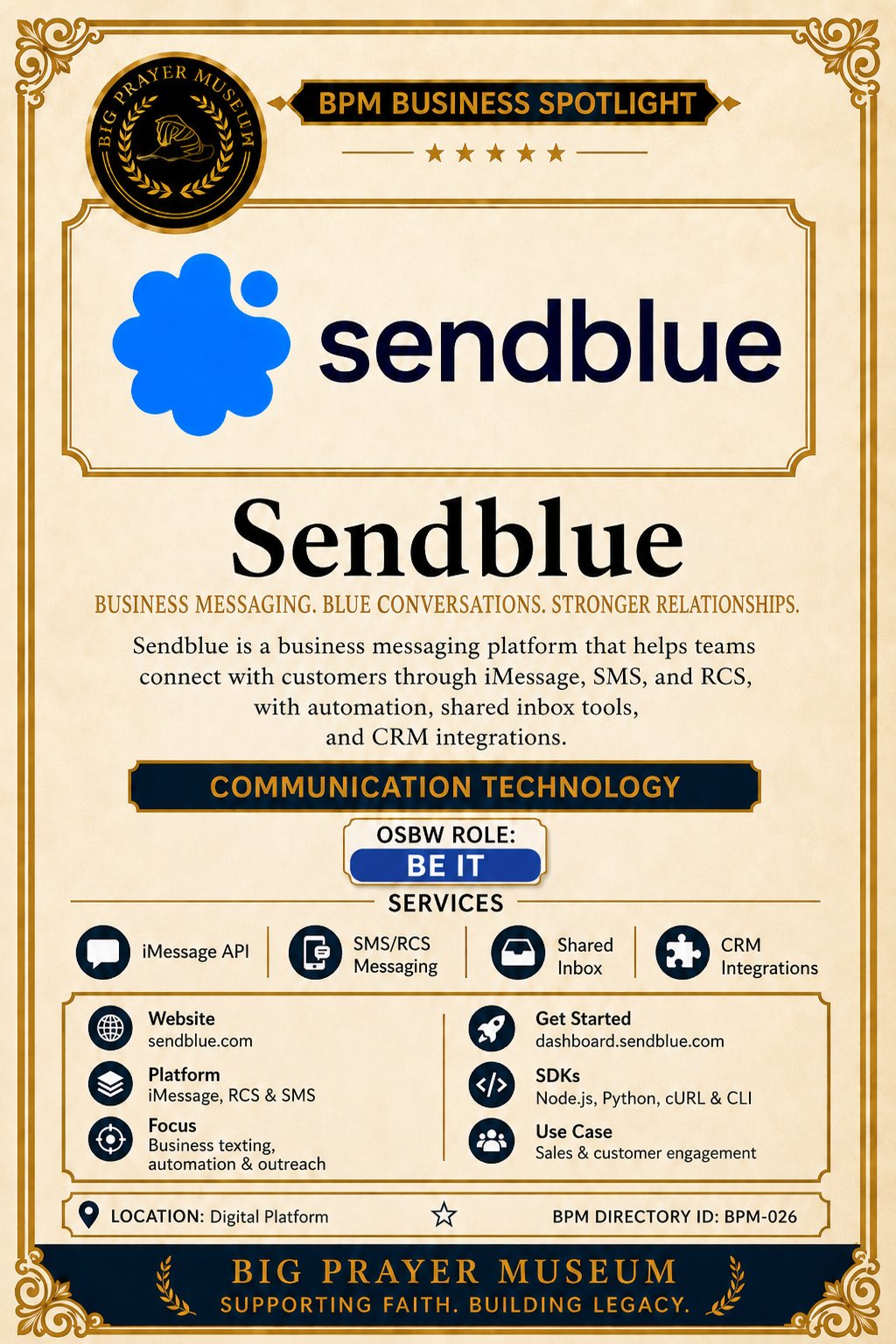 Sendblue BPM Business Spotlight card