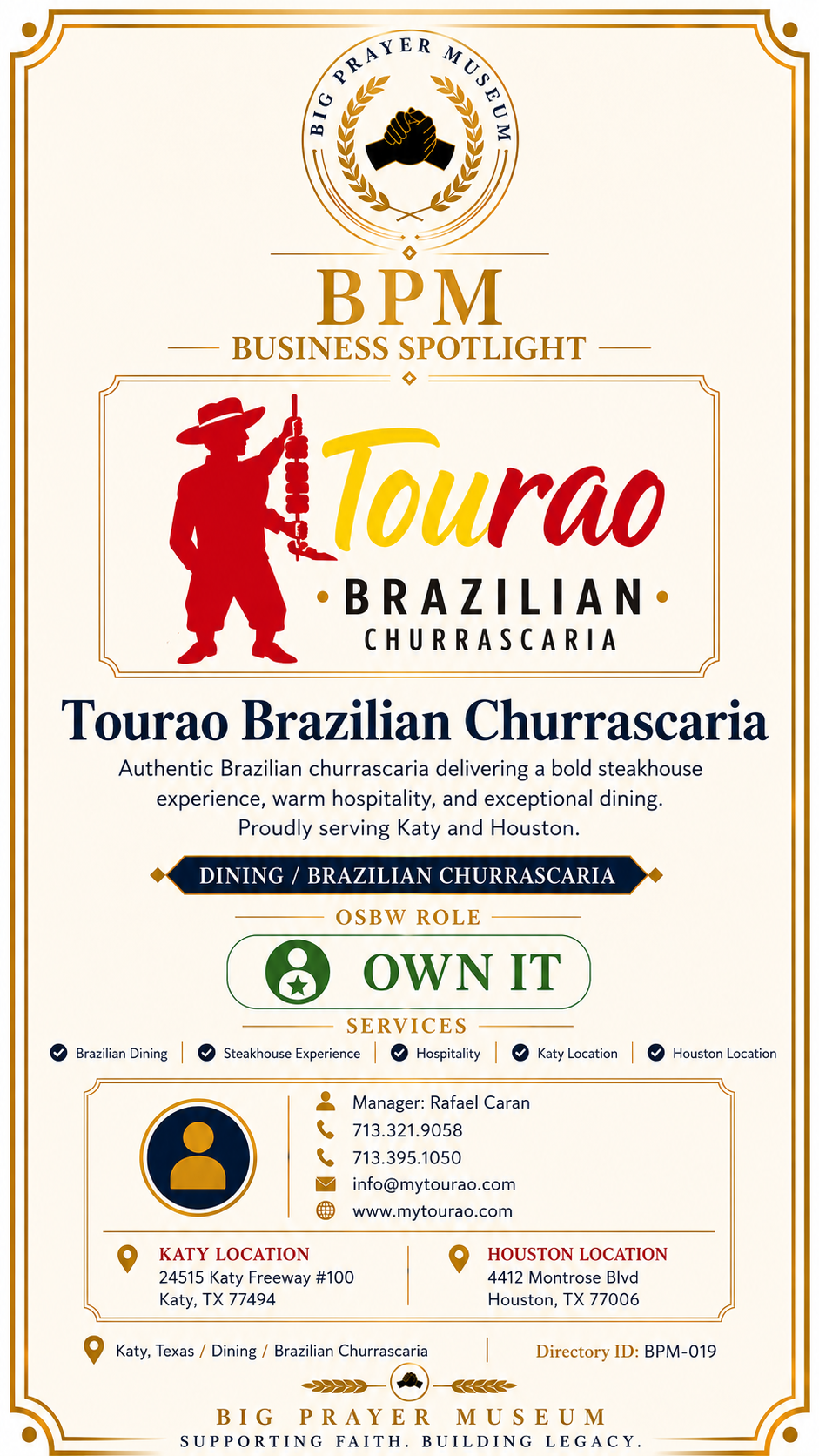 Tourao Brazilian Churrascaria business card