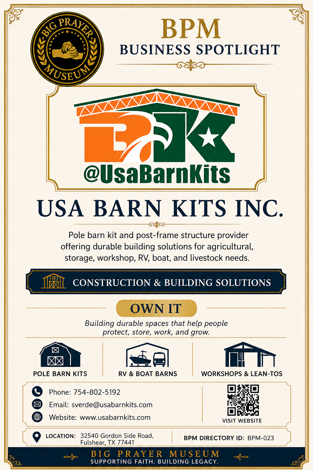 USA Barn Kits Inc. business card