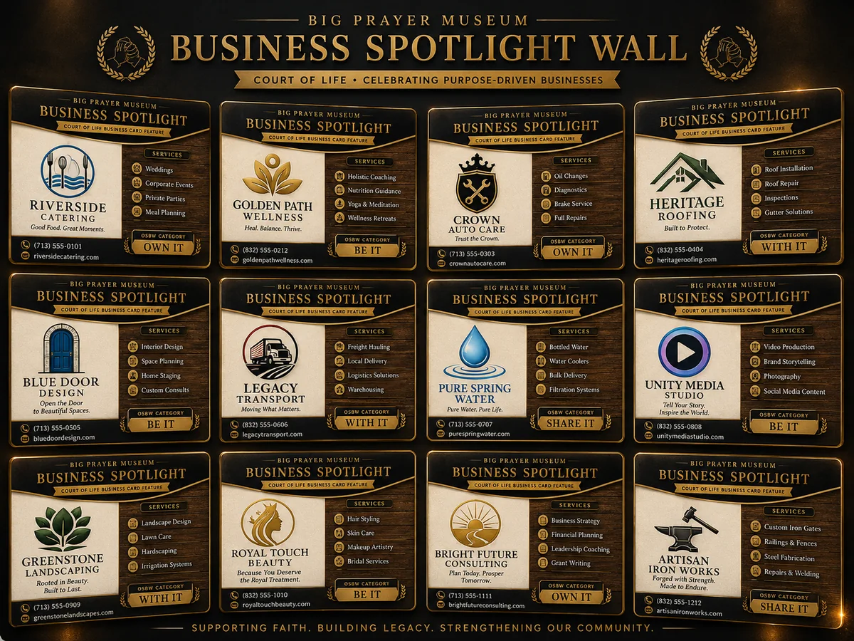 Business Spotlight Wall featuring Court of Life business cards