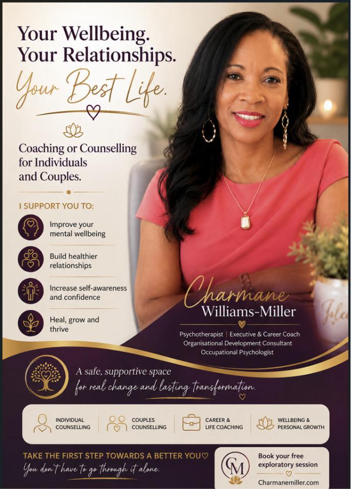 Charmane Williams-Miller wellbeing and relationship support advertisement