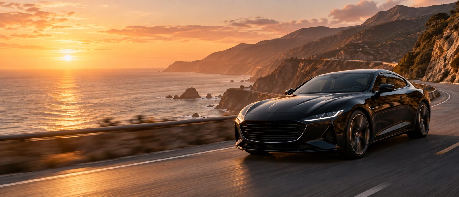 Unbranded luxury mobility concept on a coastal road