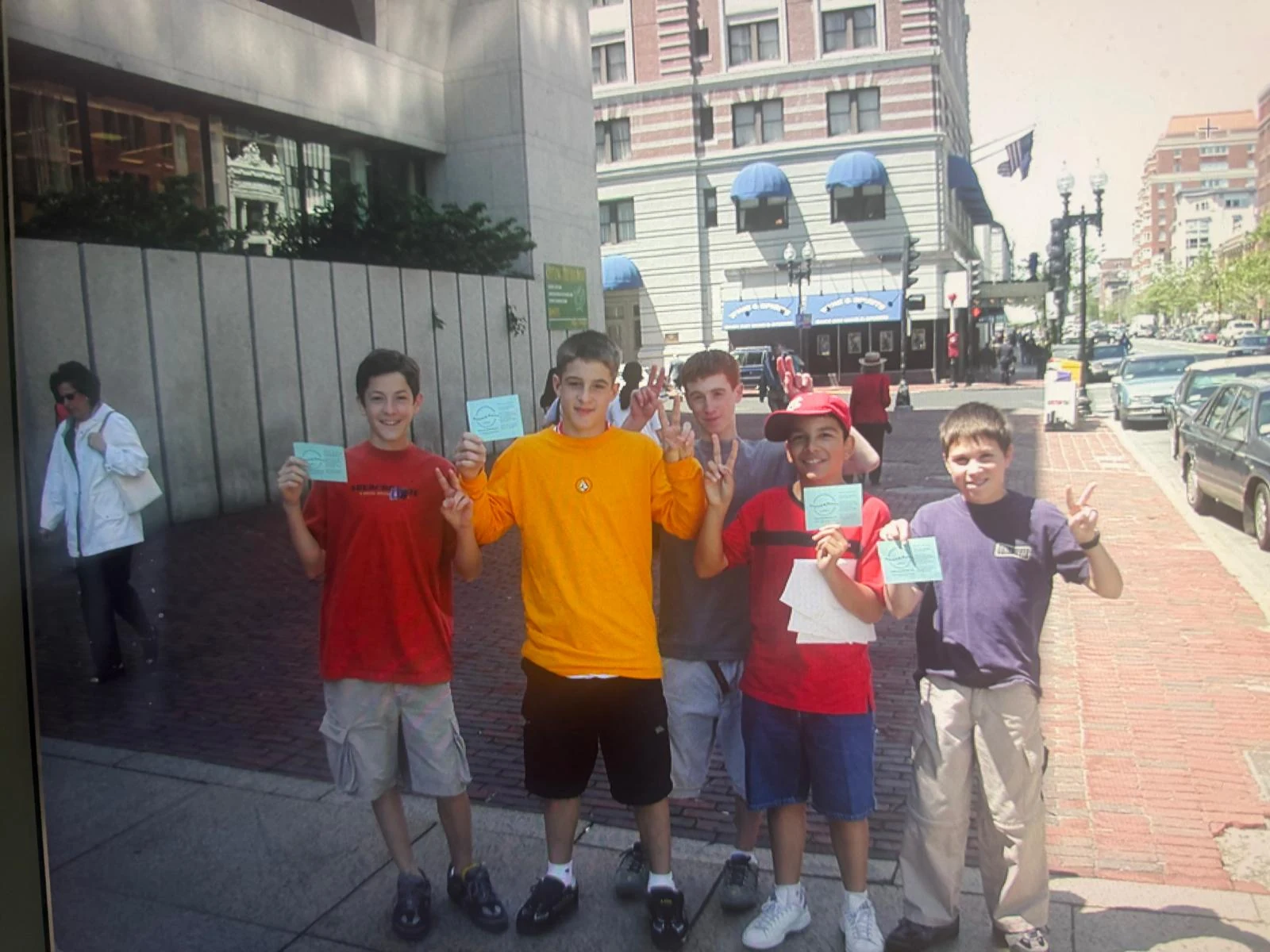 Five boys photographed in Boston in 2000 during the New Millennium Mission Tour