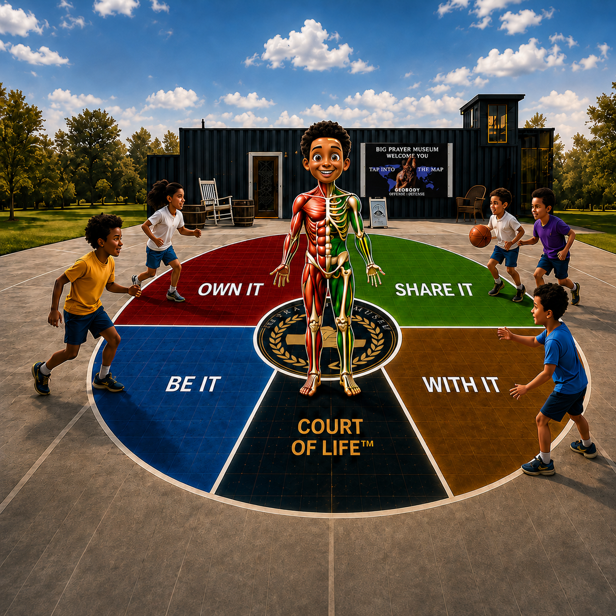 Geobody Court of Life visual showing Own It, Share It, Be It and With It positions