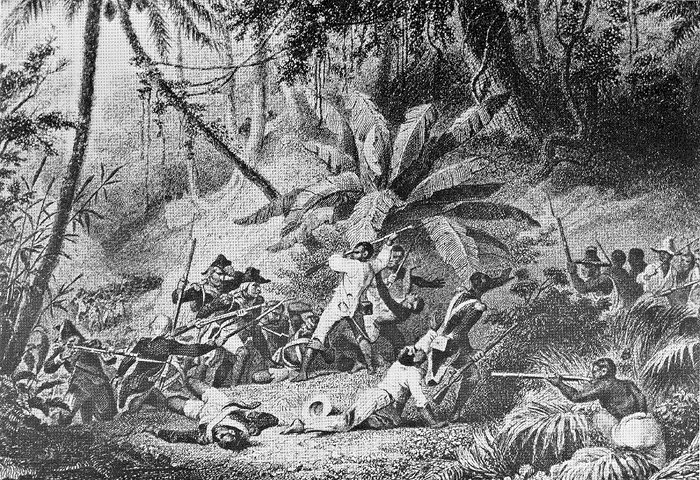 Historical depiction of the Battle of Ravine-à-Couleuvres during the Haitian Revolution
