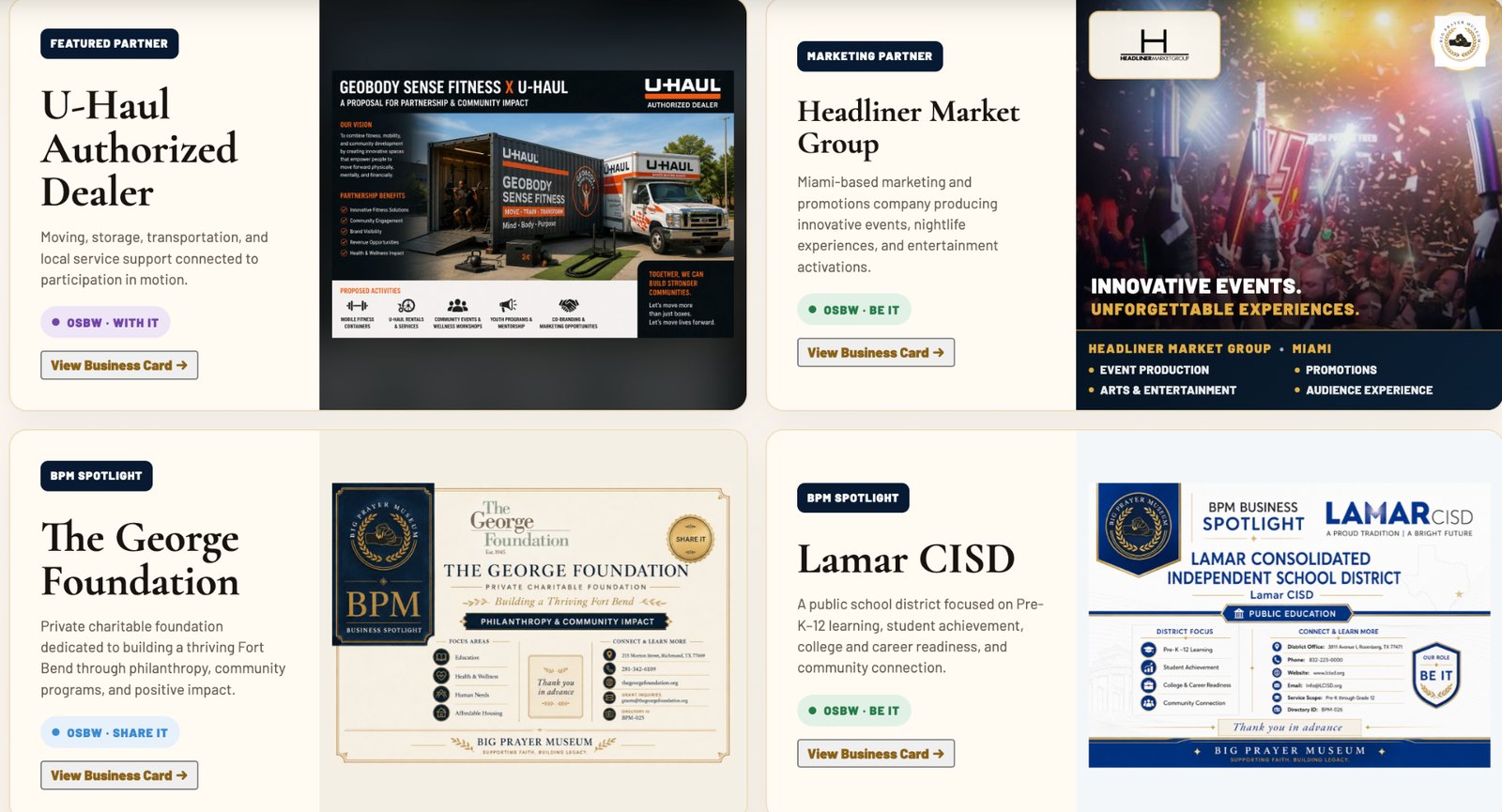Big Prayer Museum Business Card Wall featuring participating organizations and business spotlights